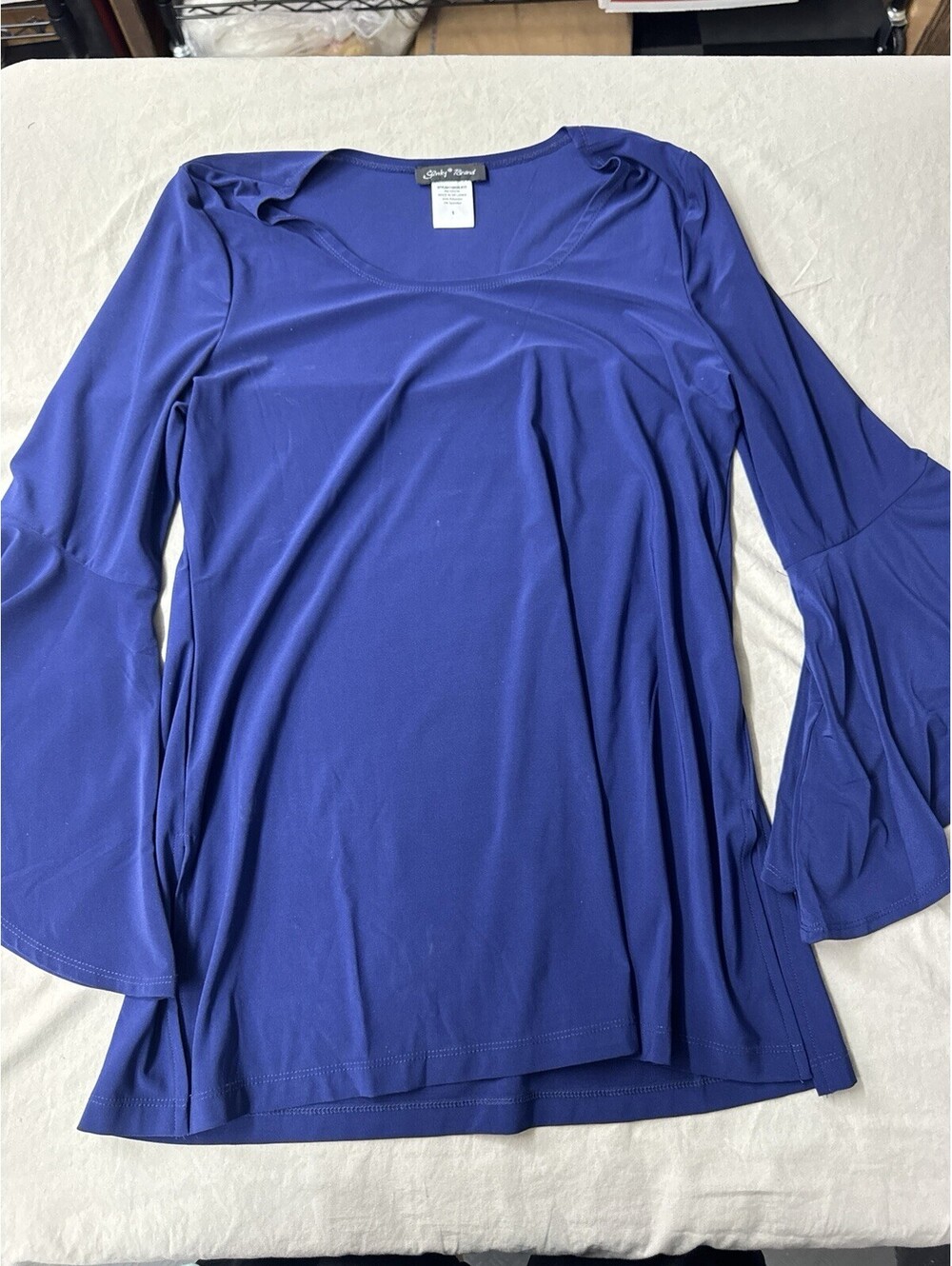 Slinky Brand Blue Short Ruffle Sleeve Scoop Neck Blouse S